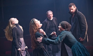 Mary Warren (Natalie Gavin) confronts a possessed Abigail (Samantha Colley) as Proctor (Richard Armitage) and Reverend Parris (Michael Thomas) look on, in Act Three of The Crucible. Source: Geraint Lewis Collection